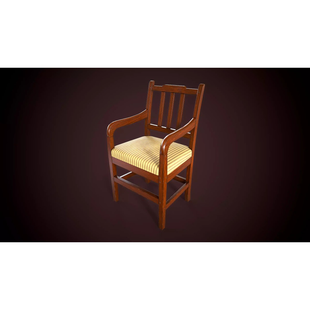 Vintage Wooden Armchair 3D Model – Low Poly Game Asset, FBX, PBR - View 2