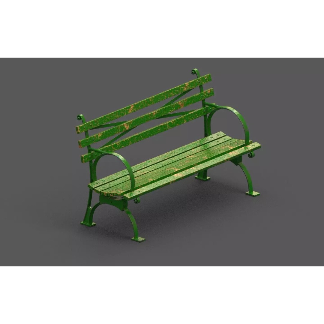 Old Street Bench 3D Model – Low Poly Outdoor Furniture, FBX, OBJ - View 2