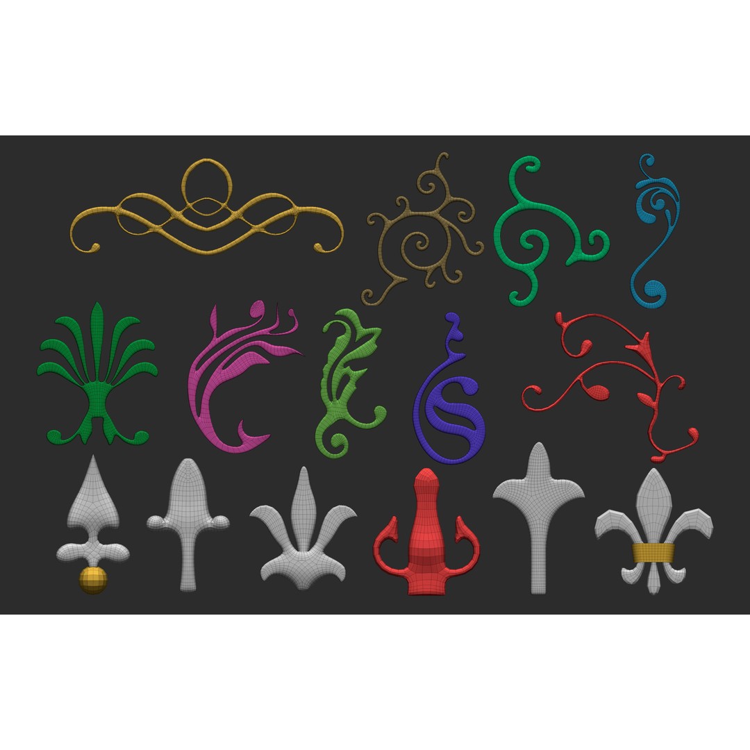 Baroque Floral Ornament Decals 3D Model – Mid Poly IMM Brush Set, OBJ