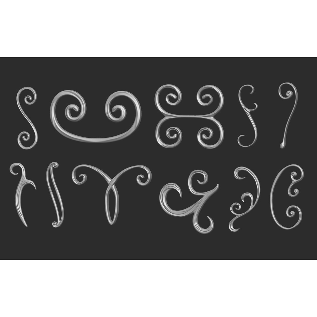Baroque Floral Ornament Decals 3D Model – Mid Poly IMM Brush Set, OBJ - View 3