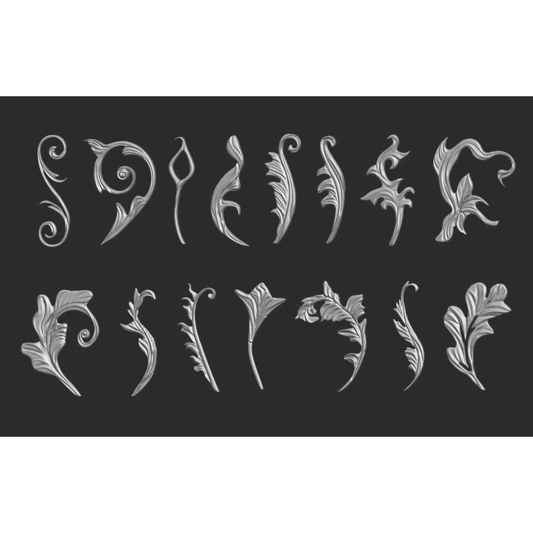 Baroque Floral Ornament Decals 3D Model – Mid Poly IMM Brush Set, OBJ - View 4