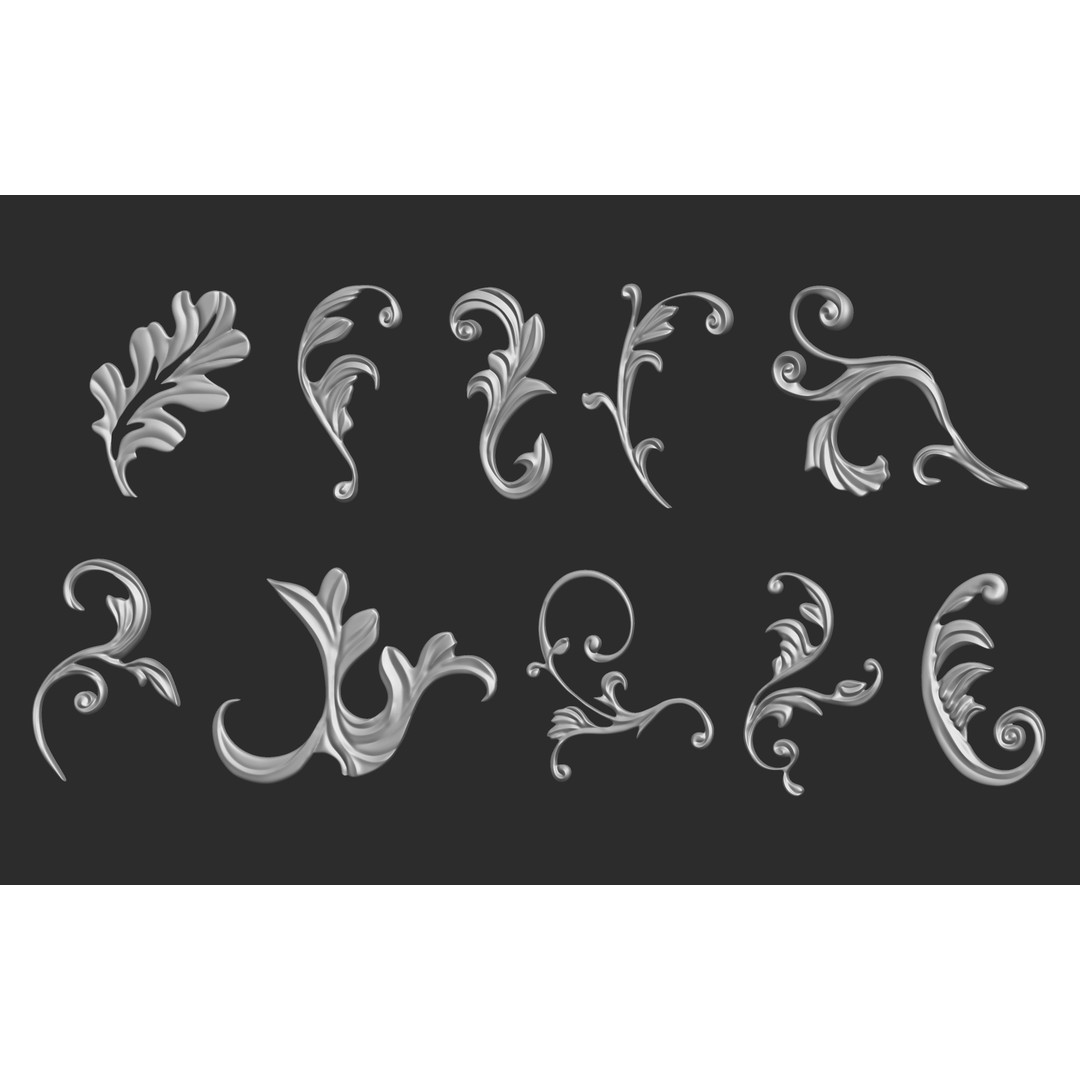 Baroque Floral Ornament Decals 3D Model – Mid Poly IMM Brush Set, OBJ - View 5