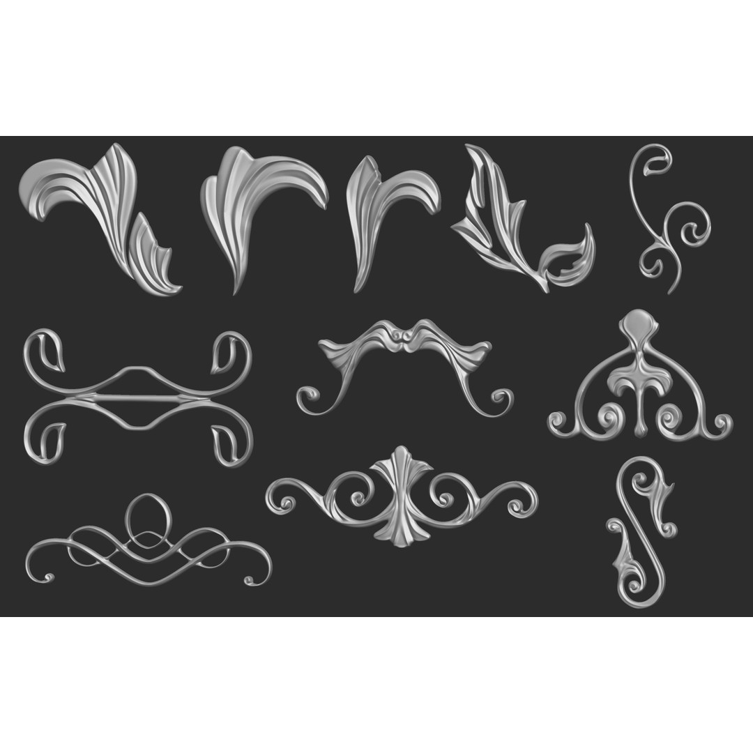 Baroque Floral Ornament Decals 3D Model – Mid Poly IMM Brush Set, OBJ - View 6