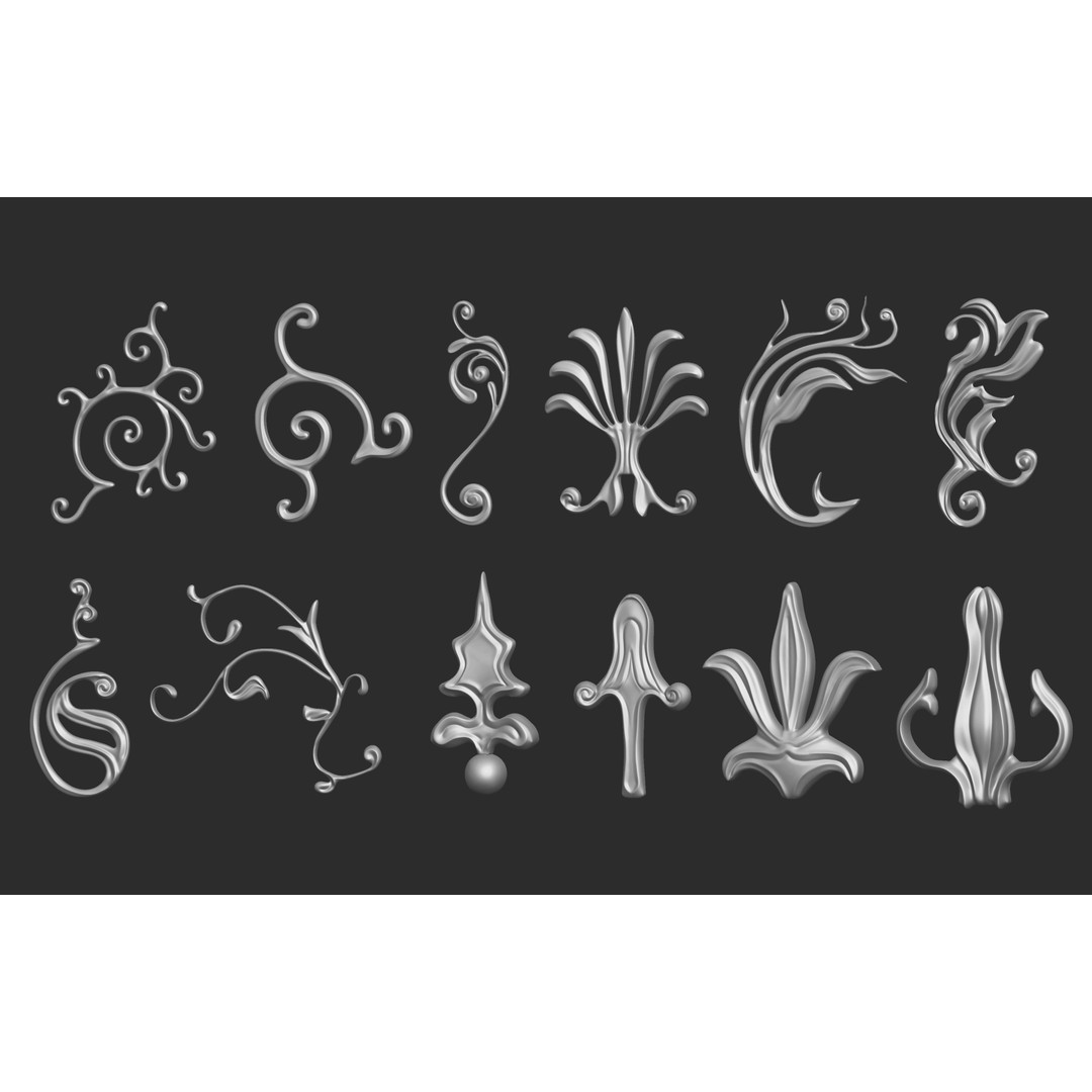 Baroque Floral Ornament Decals 3D Model – Mid Poly IMM Brush Set, OBJ - View 7
