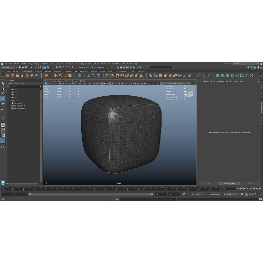 Pouf 3D Model – Grey Fabric Low-Poly Game Asset, FBX
