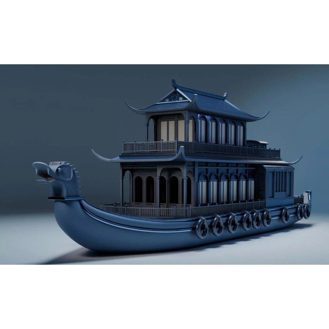 Dragon Pavilion 3D Model – Low Poly Houseboat with PBR Textures - View 2