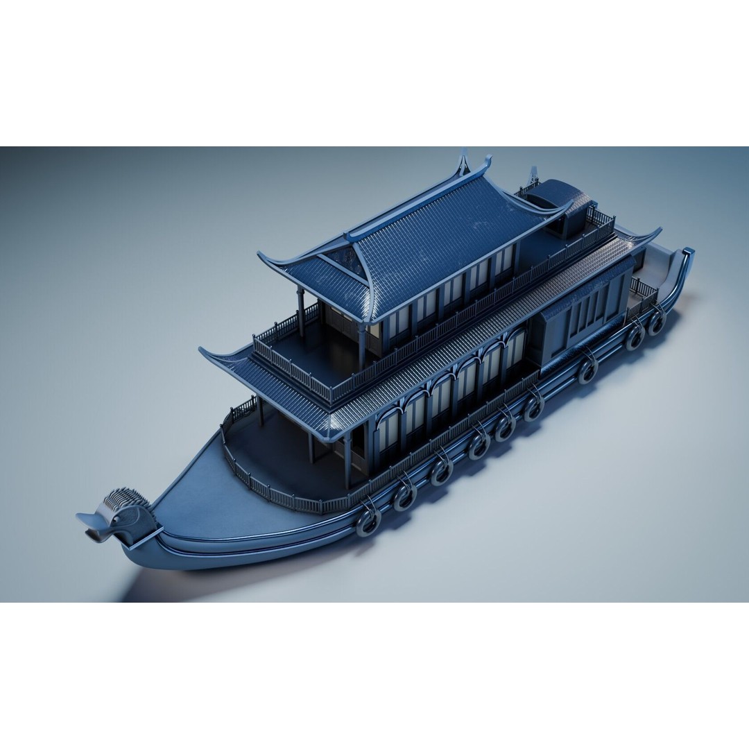 Dragon Pavilion 3D Model – Low Poly Houseboat with PBR Textures - View 3