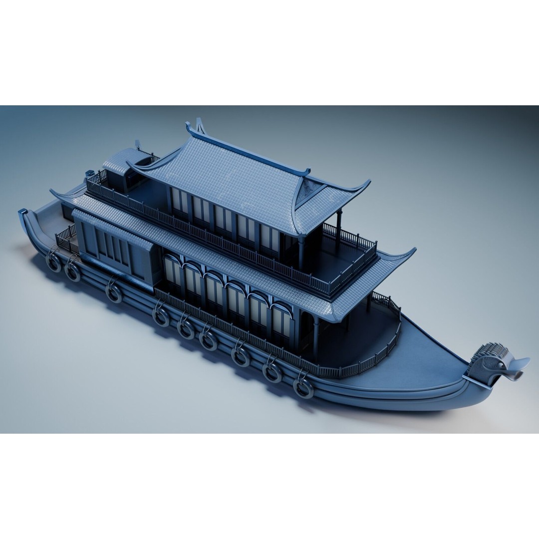 Dragon Pavilion 3D Model – Low Poly Houseboat with PBR Textures - View 6