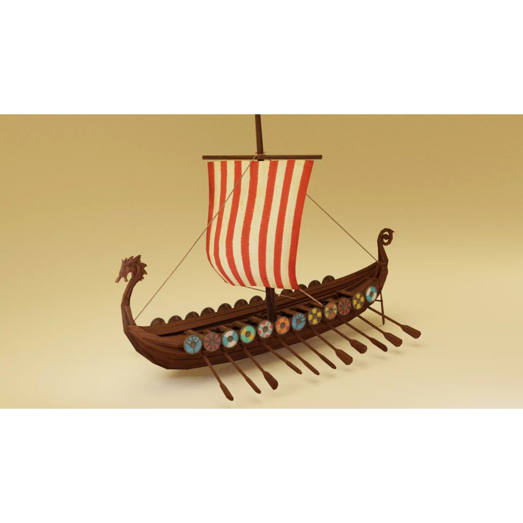 Viking Ship 3D Model – Low Poly Historic Watercraft, FBX, OBJ - View 2
