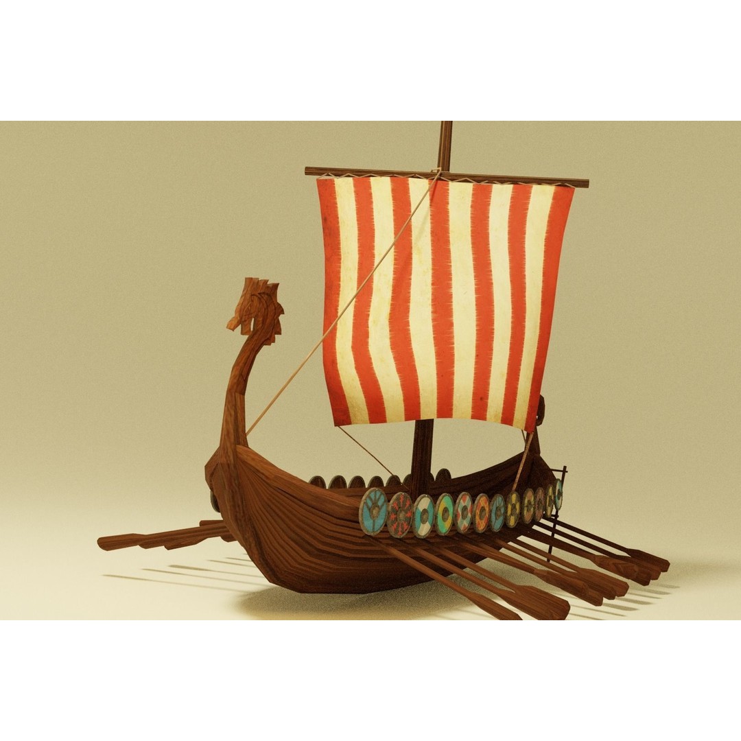 Viking Ship 3D Model – Low Poly Historic Watercraft, FBX, OBJ - View 6