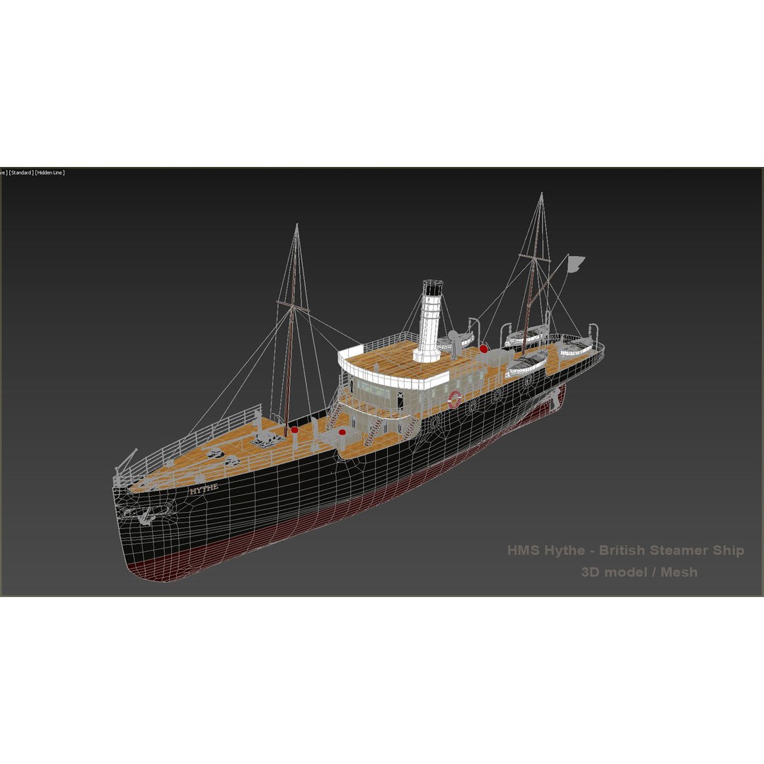 HMS Hythe 3D Model – Historic British Steamer Ship, FBX, OBJ