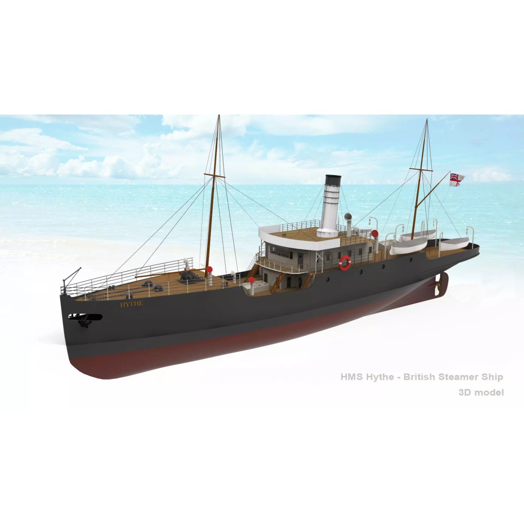HMS Hythe 3D Model – Historic British Steamer Ship, FBX, OBJ - View 2