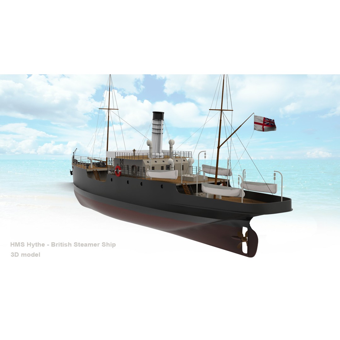 HMS Hythe 3D Model – Historic British Steamer Ship, FBX, OBJ - View 3