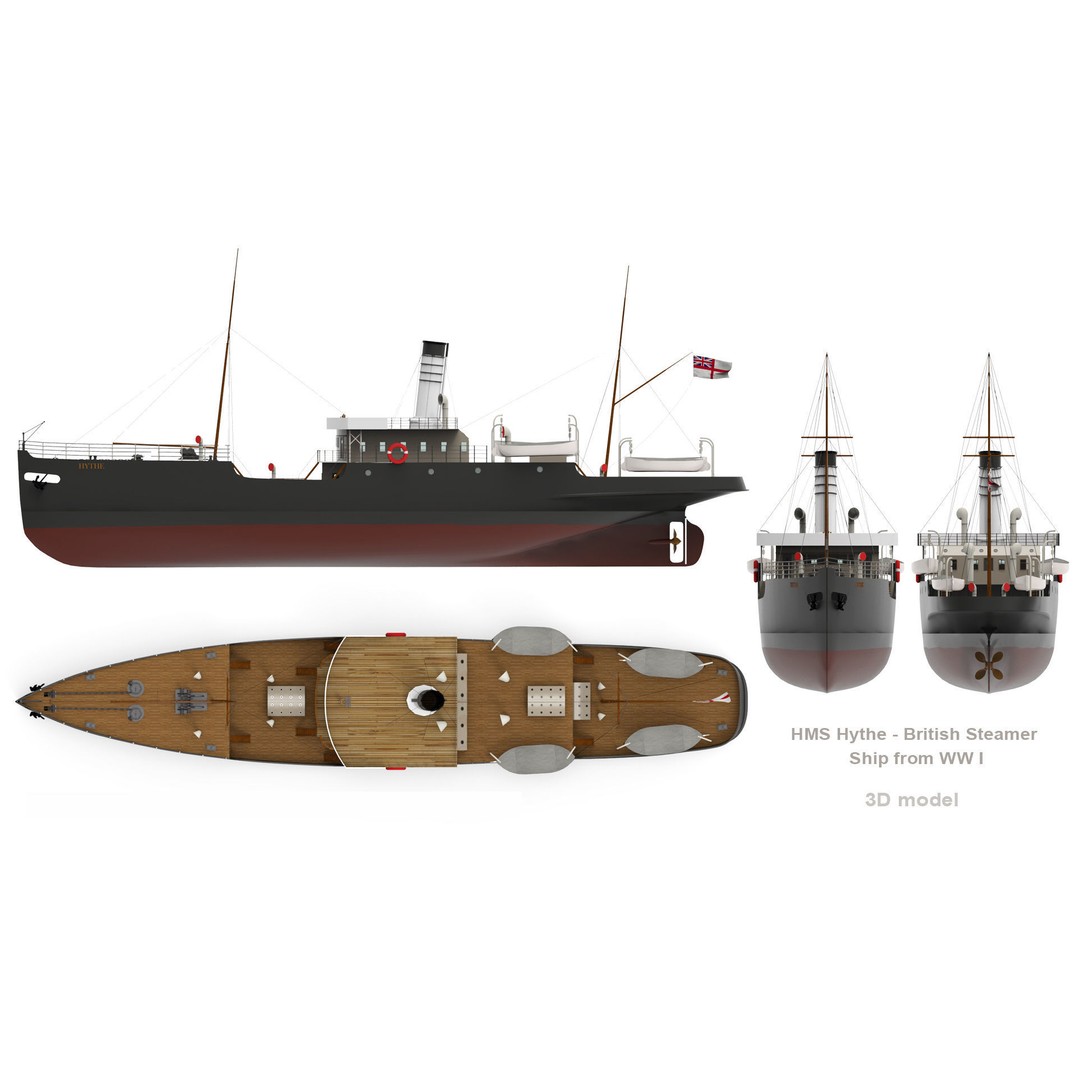 HMS Hythe 3D Model – Historic British Steamer Ship, FBX, OBJ - View 4