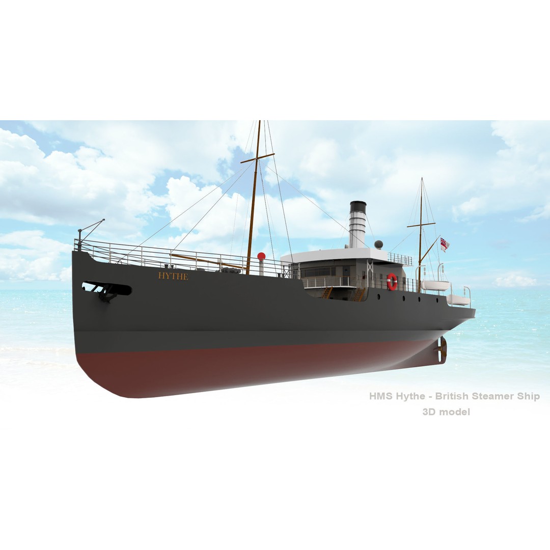 HMS Hythe 3D Model – Historic British Steamer Ship, FBX, OBJ - View 8