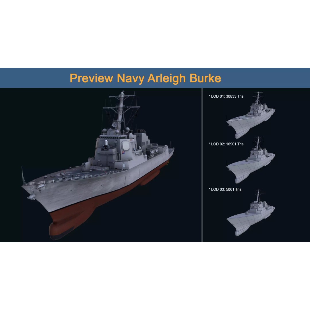 Navy Arlei Burke 3D Model – Low Poly Game-Ready Warship, FBX, OBJ - View 2