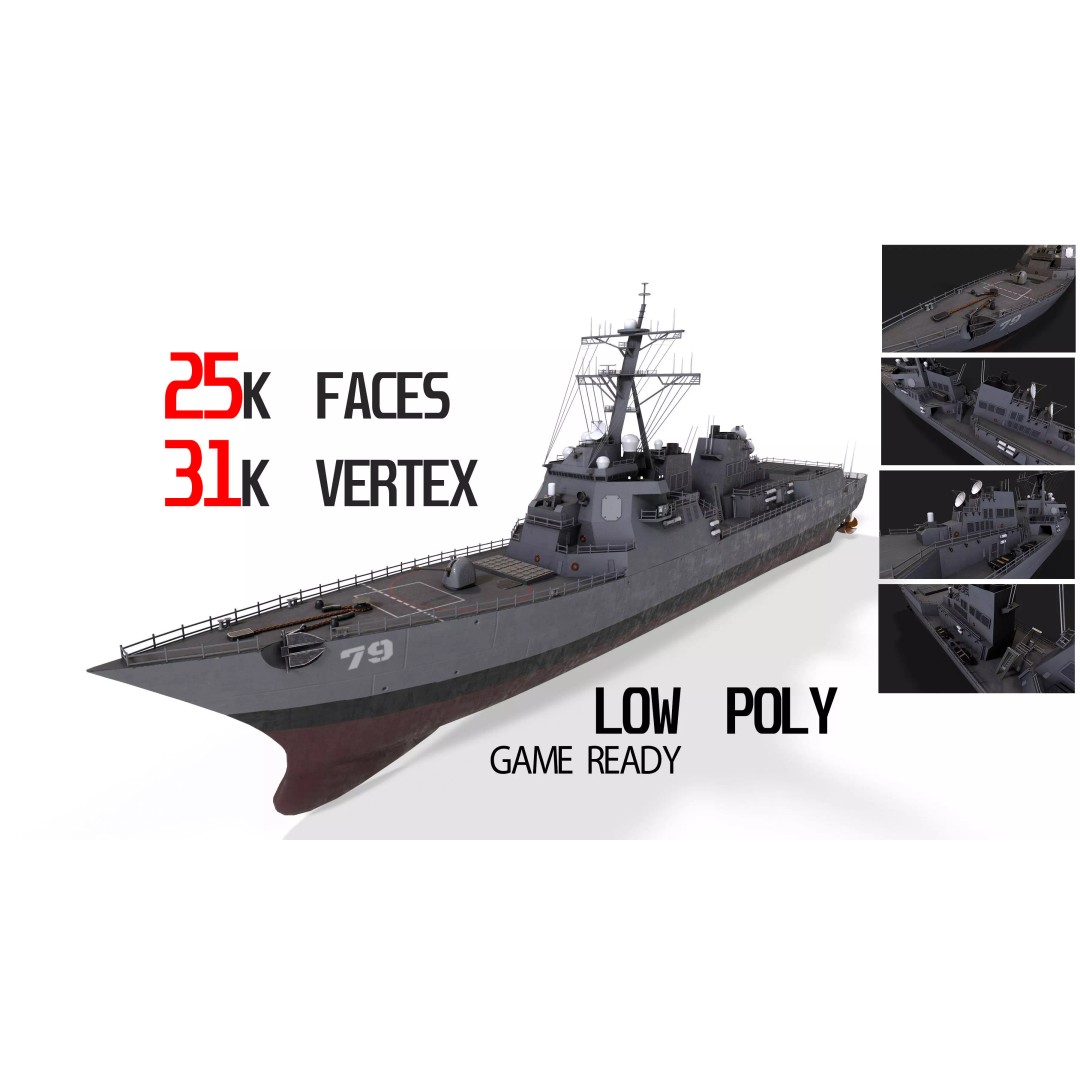 Arleigh Burke Destroyer 3D Model – Low Poly Game Asset, FBX - View 2
