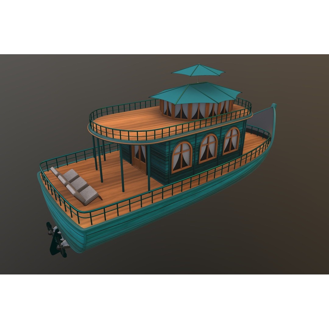 Adventure Houseboat 3D Model – Realistic Low Poly Watercraft, FBX - View 4