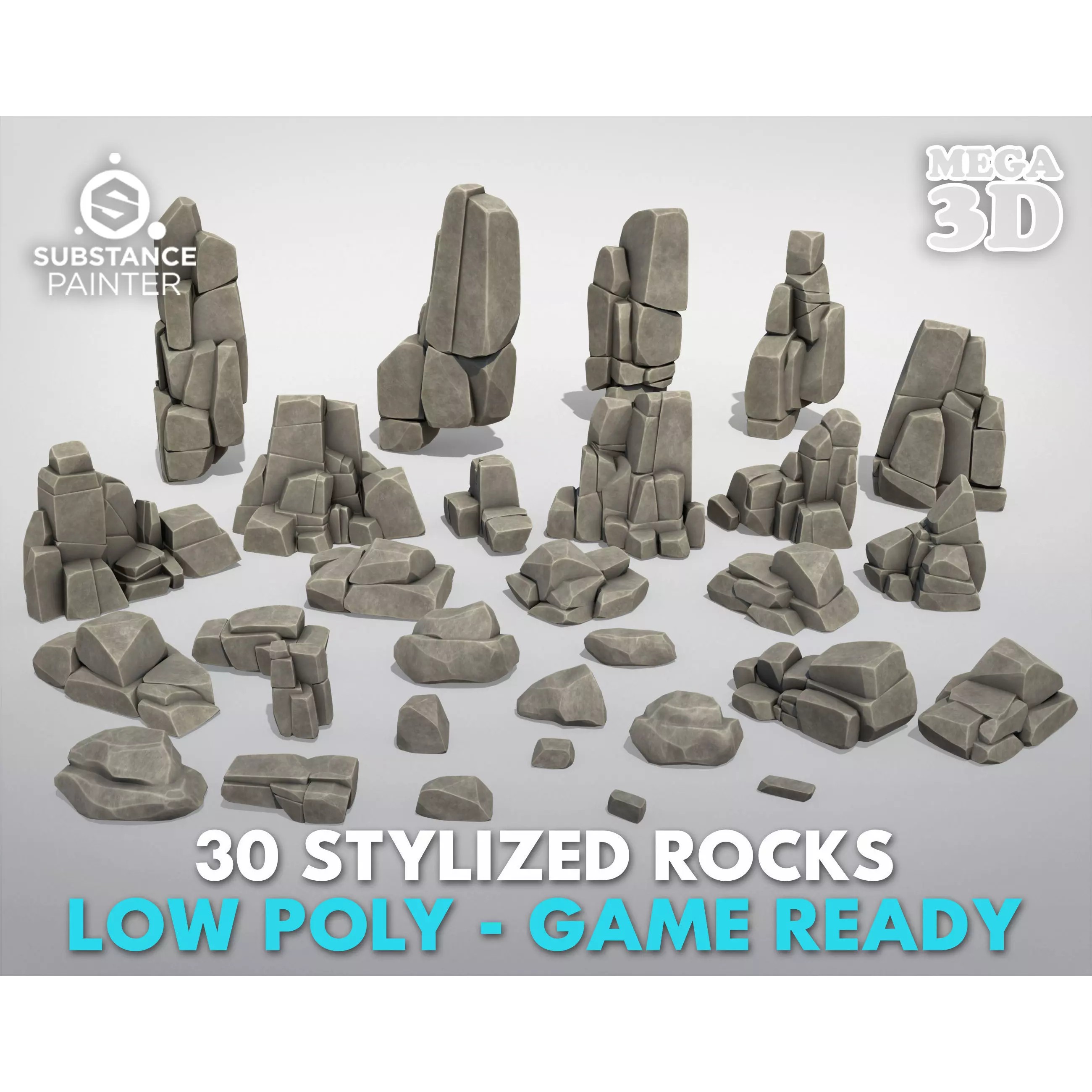 30 Stylized Block Rock - Low-Poly Game-Ready 3D Model - View 2