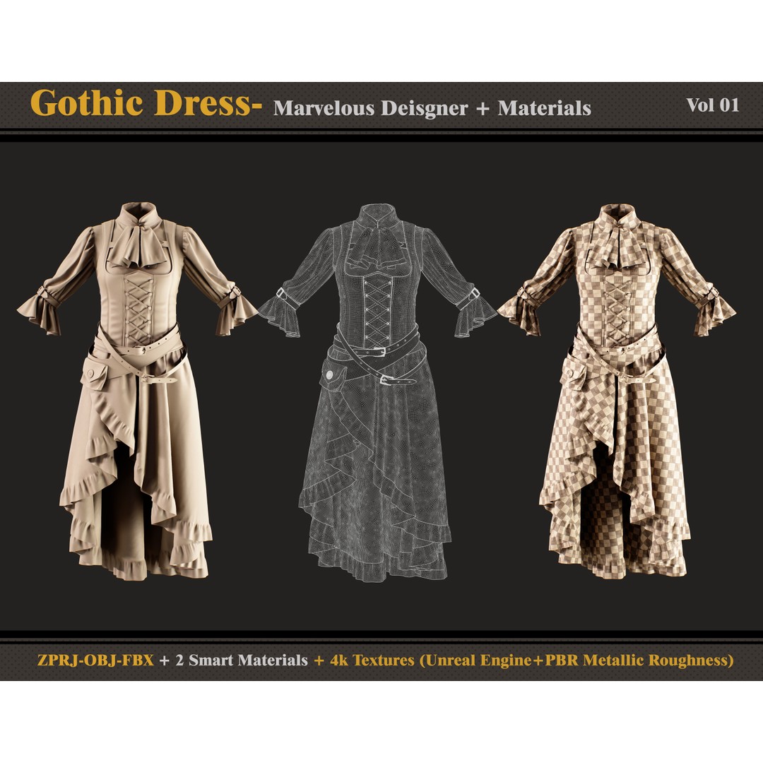 Gothic Dress 3D Model – Medieval Female Outfit, FBX, OBJ