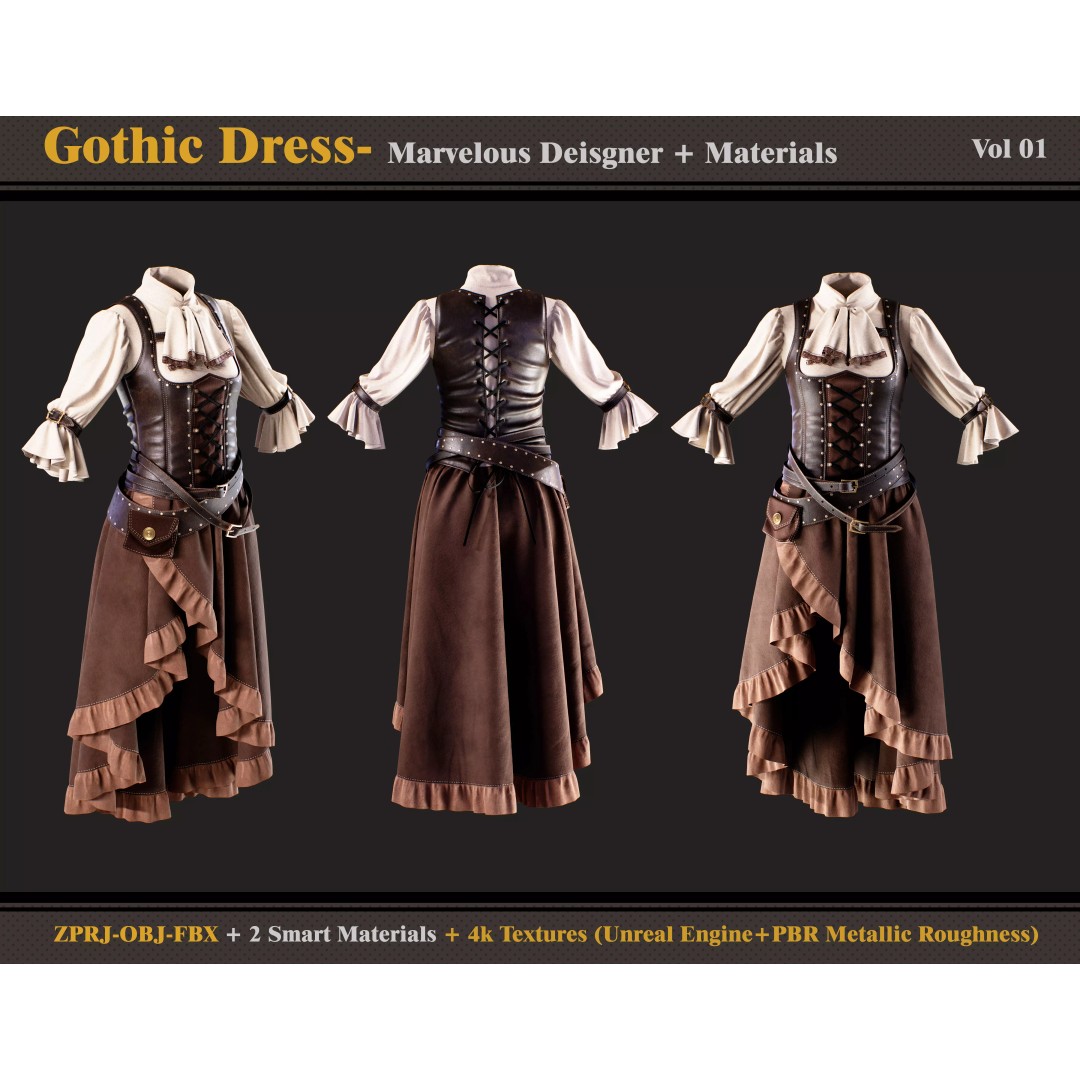Gothic Dress 3D Model – Medieval Female Outfit, FBX, OBJ - View 2