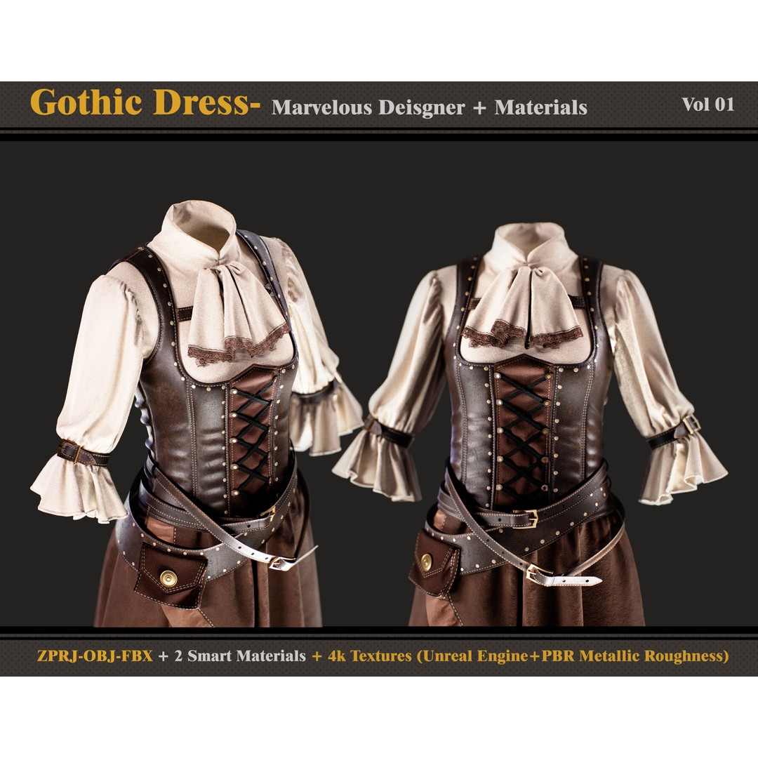 Gothic Dress 3D Model – Medieval Female Outfit, FBX, OBJ - View 3