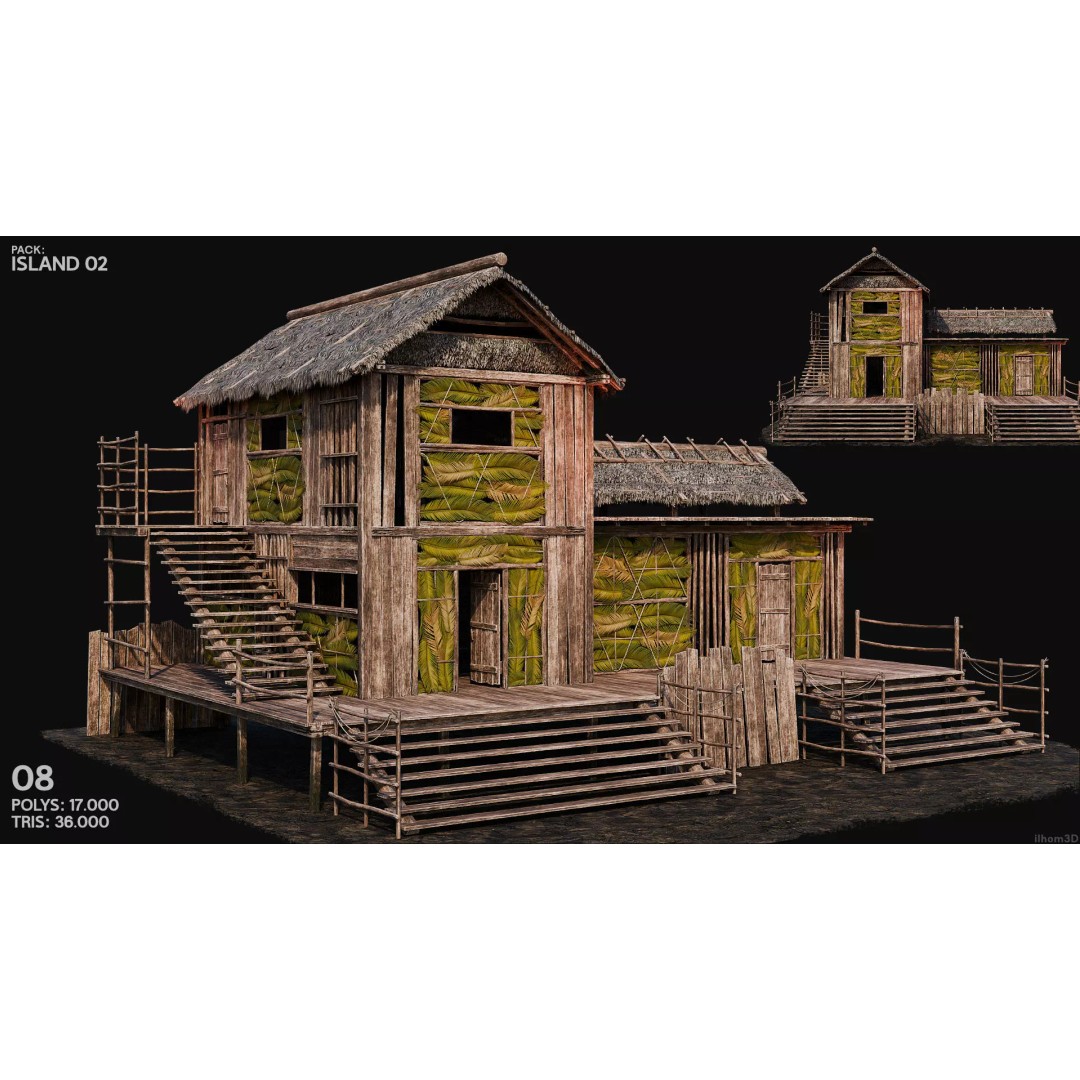 Island 3D Model – Low Poly Landscape with Interiors, FBX & OBJ - View 11