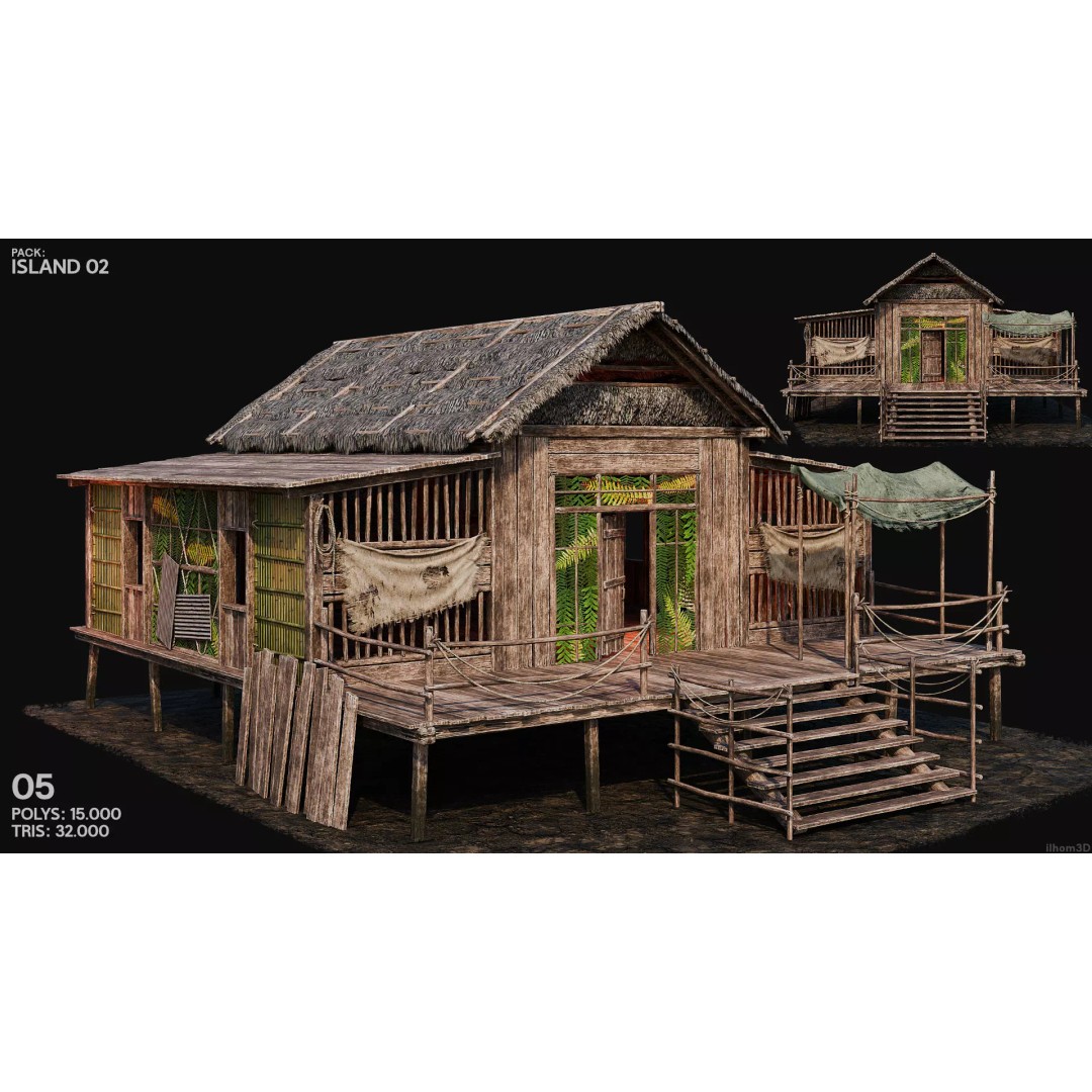 Island 3D Model – Low Poly Landscape with Interiors, FBX & OBJ - View 8