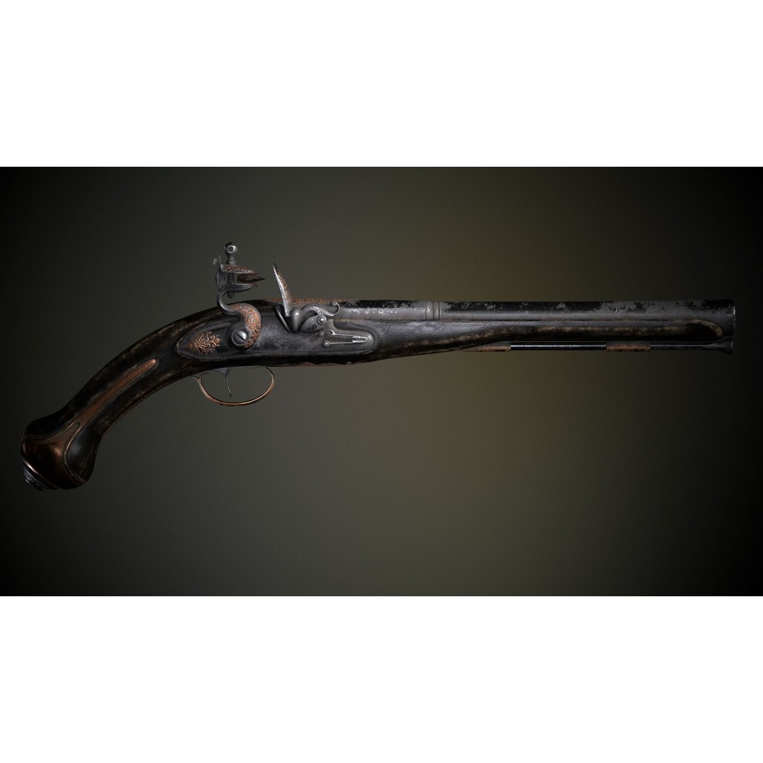 Flintlock Pistol 3D Model – Low Poly Game Asset, PBR Textures - View 12