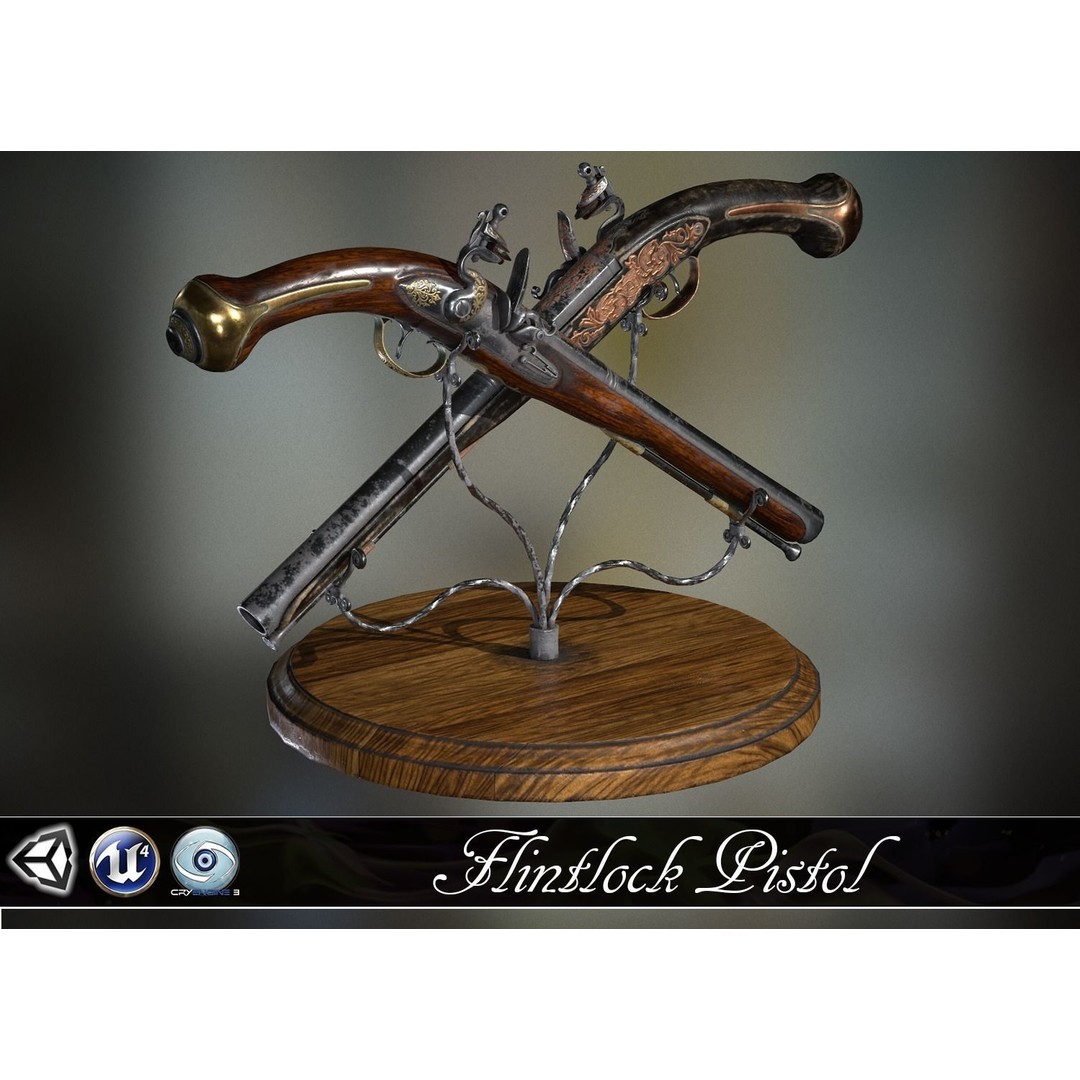 Flintlock Pistol 3D Model – Low Poly Game Asset, PBR Textures - View 2