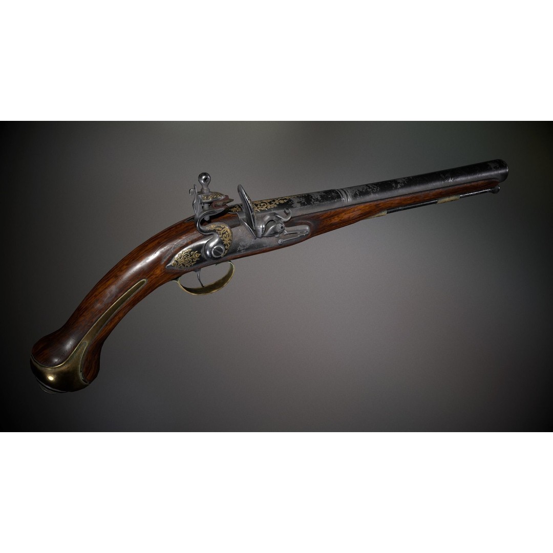Flintlock Pistol 3D Model – Low Poly Game Asset, PBR Textures - View 3