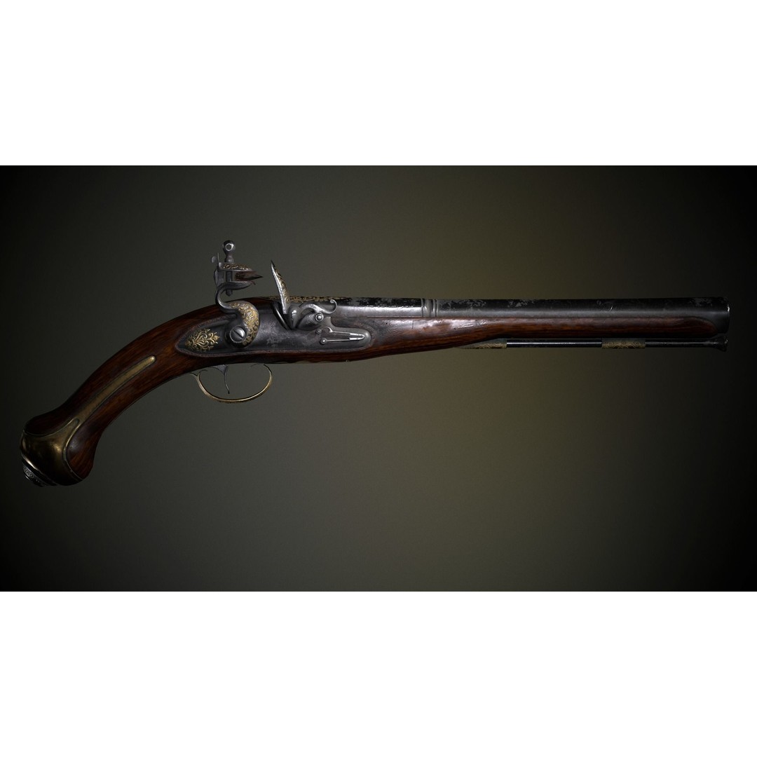 Flintlock Pistol 3D Model – Low Poly Game Asset, PBR Textures - View 7