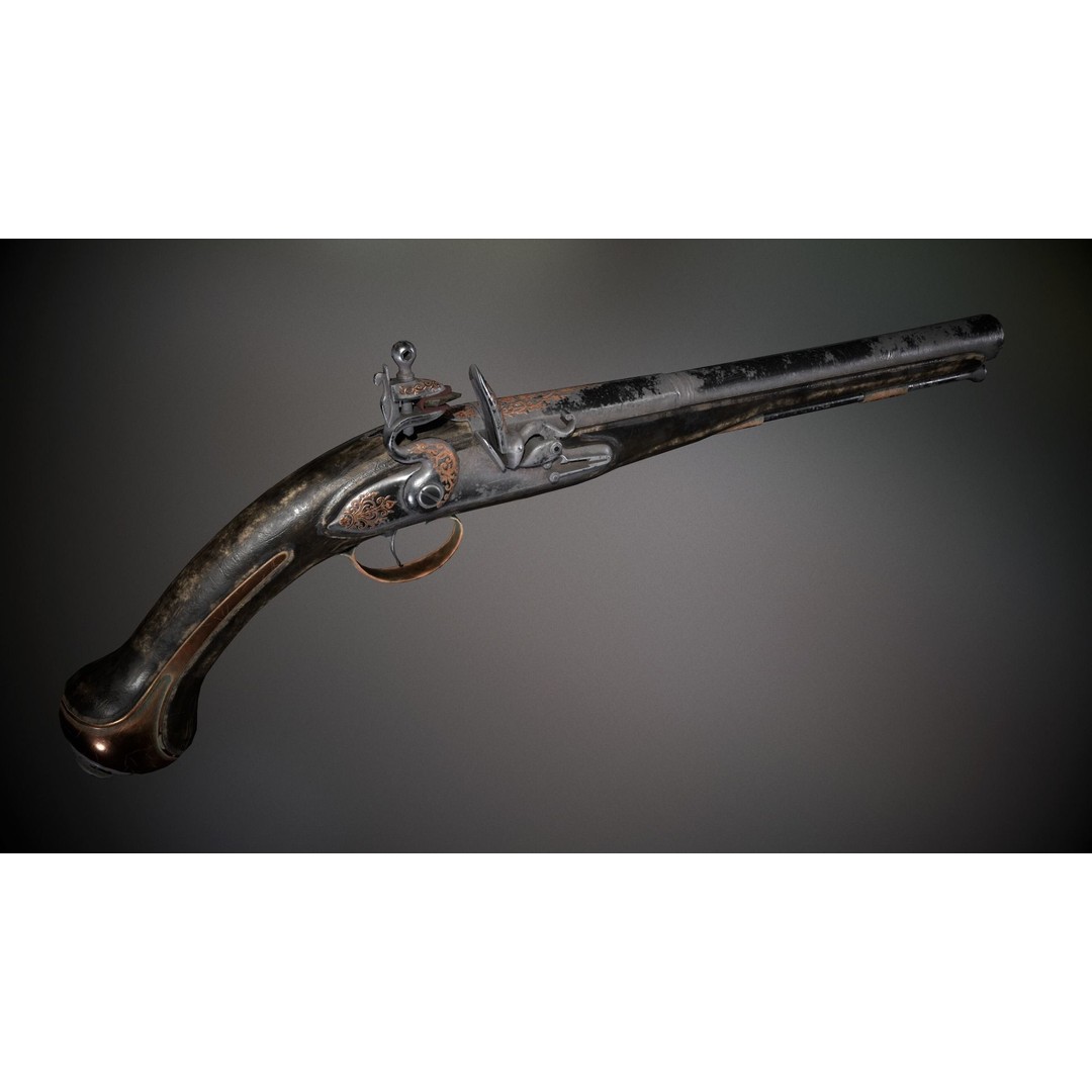 Flintlock Pistol 3D Model – Low Poly Game Asset, PBR Textures - View 8