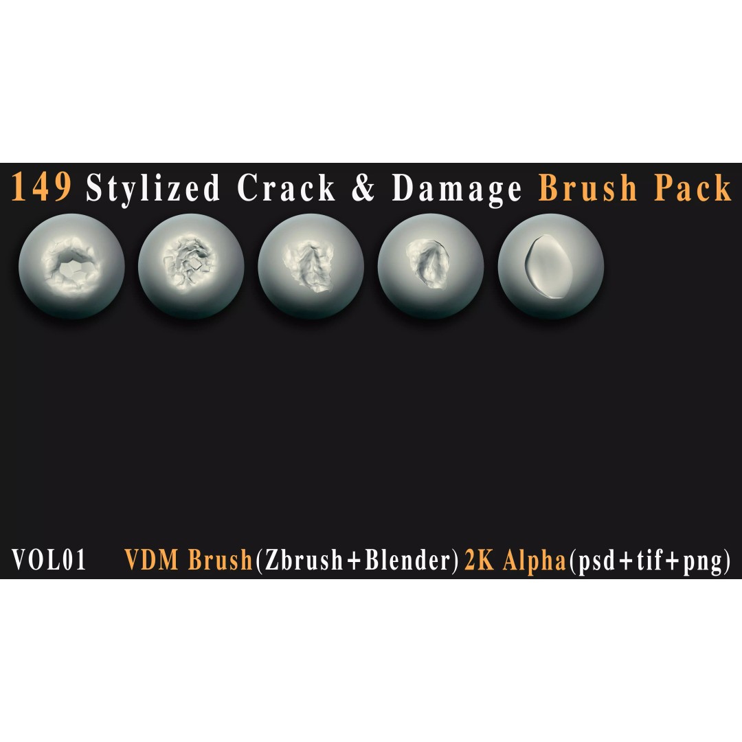 Stylized Crack and Damage Brush Pack 3D Model – 149 High-Quality Brushes, ZBrush & Blender