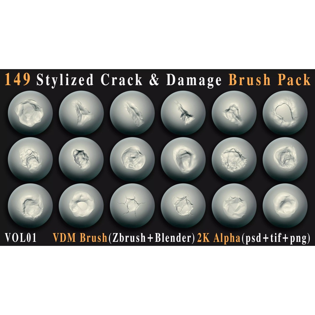 Stylized Crack and Damage Brush Pack 3D Model – 149 High-Quality Brushes, ZBrush & Blender - View 11