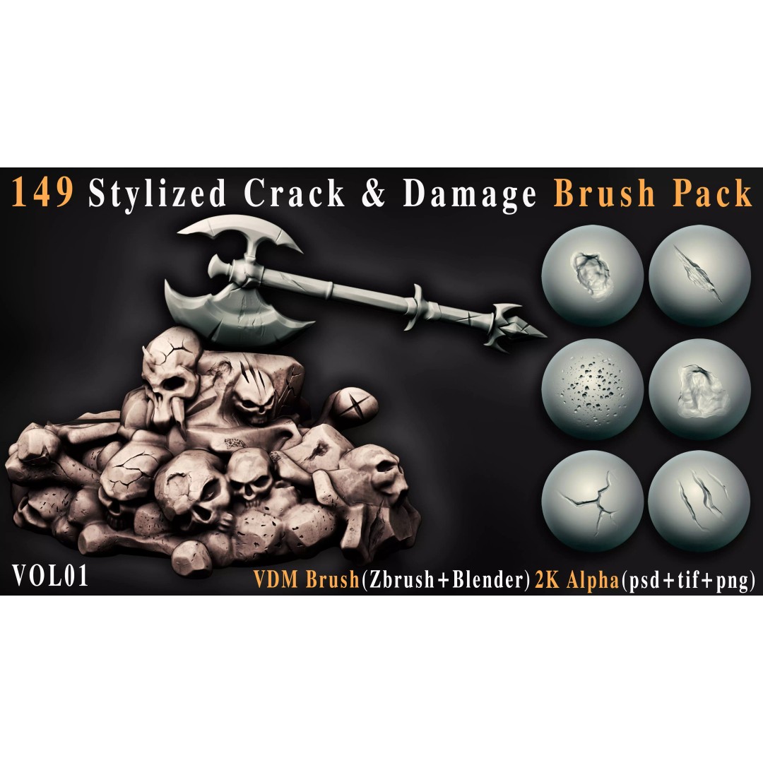 Stylized Crack and Damage Brush Pack 3D Model – 149 High-Quality Brushes, ZBrush & Blender - View 2