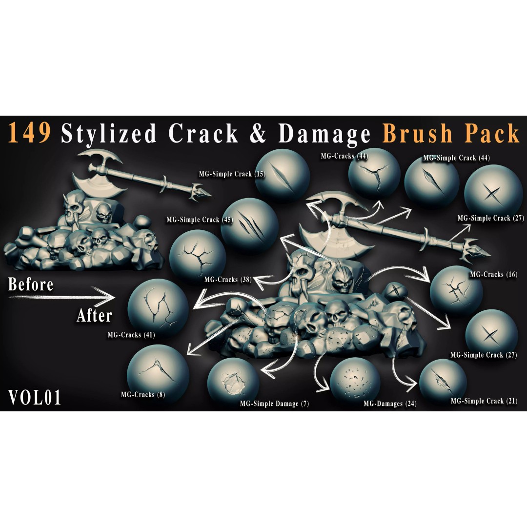 Stylized Crack and Damage Brush Pack 3D Model – 149 High-Quality Brushes, ZBrush & Blender - View 3