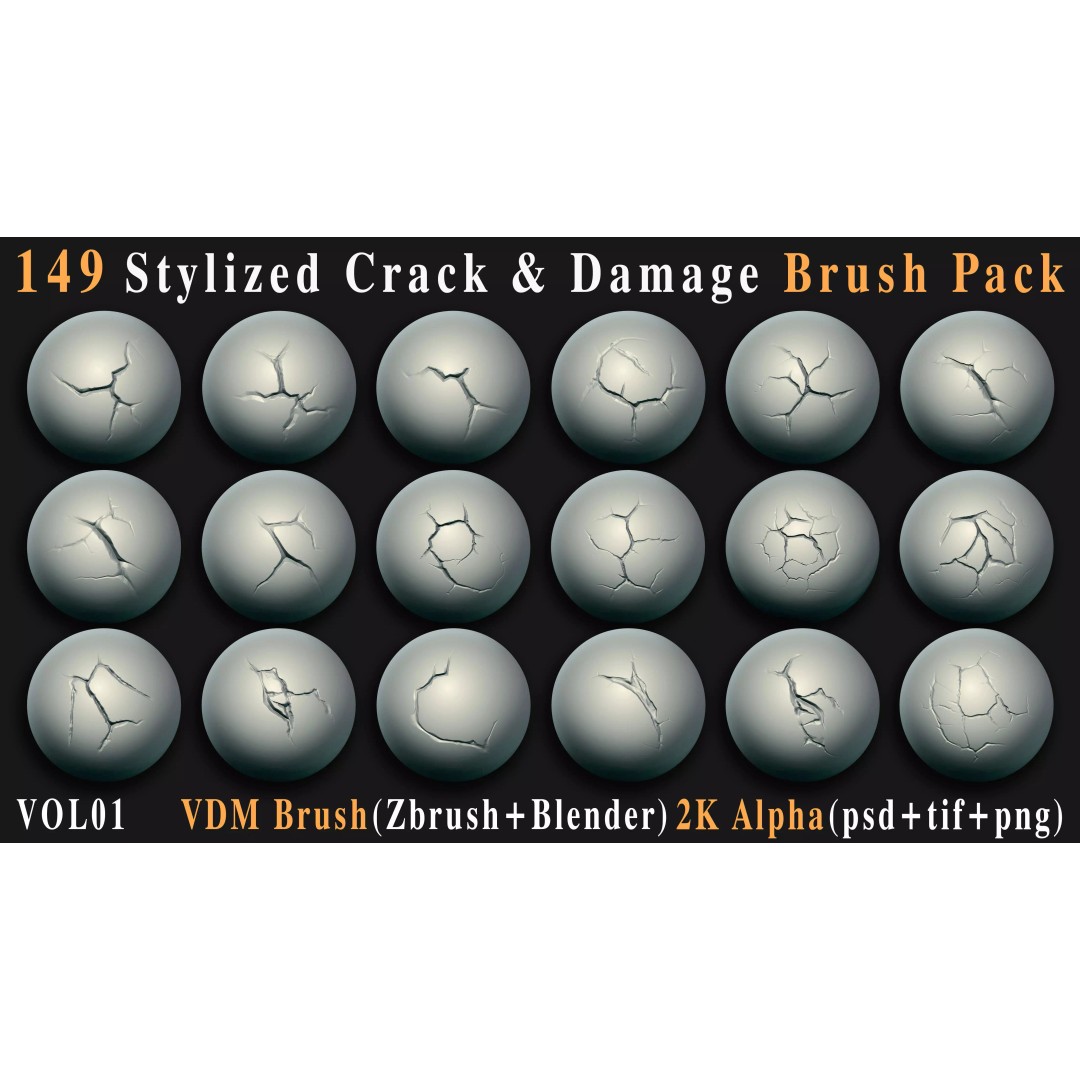 Stylized Crack and Damage Brush Pack 3D Model – 149 High-Quality Brushes, ZBrush & Blender - View 5