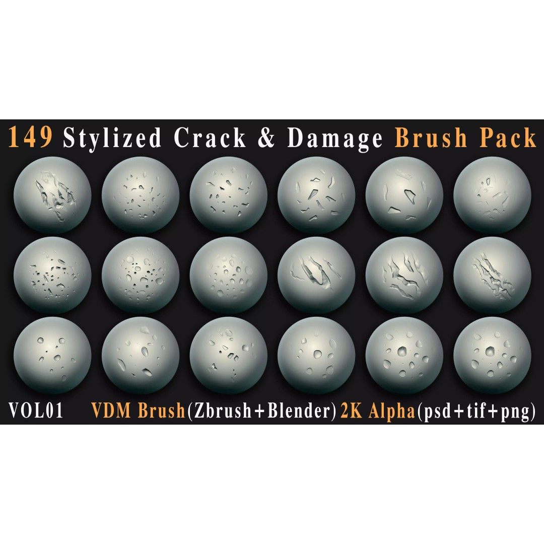 Stylized Crack and Damage Brush Pack 3D Model – 149 High-Quality Brushes, ZBrush & Blender - View 7