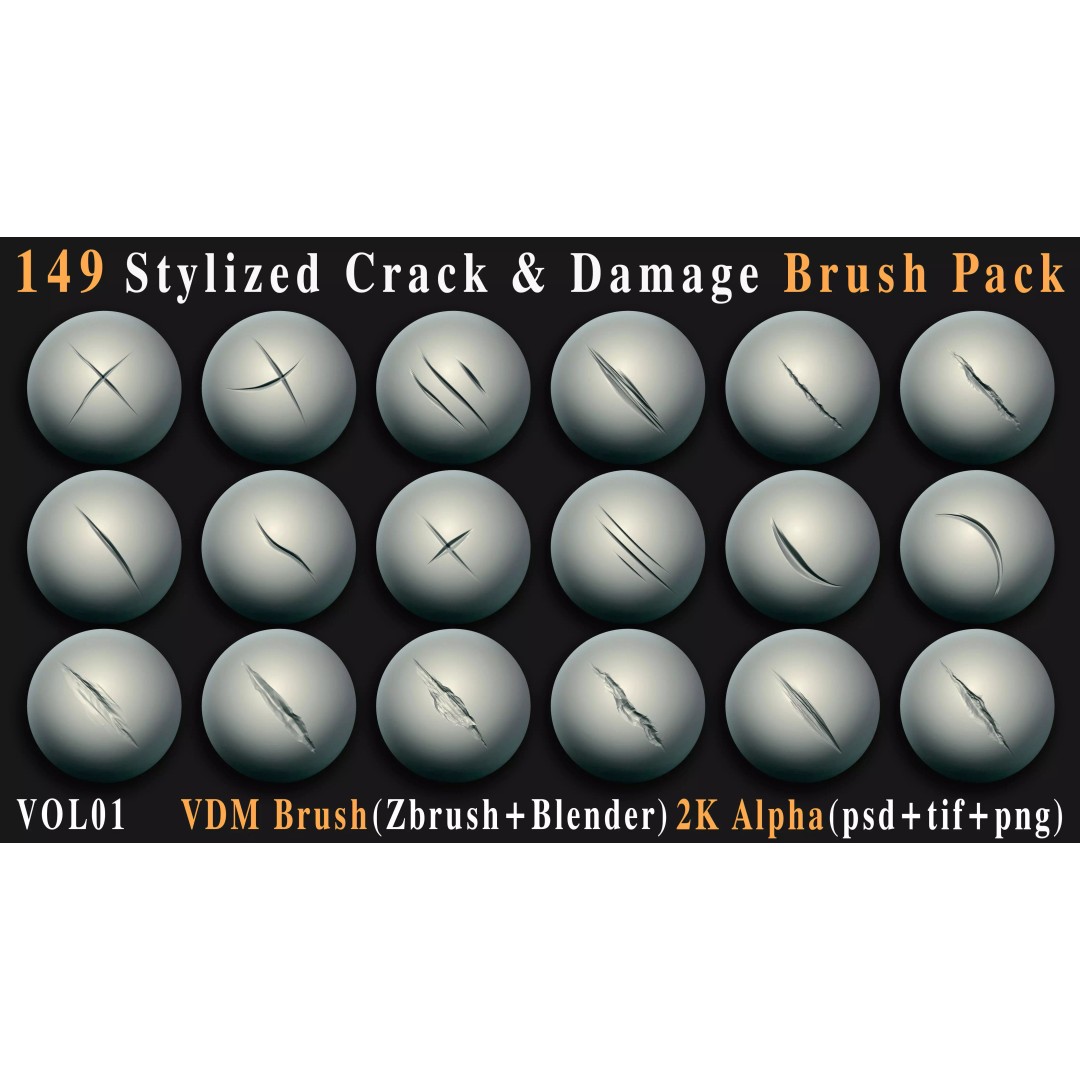 Stylized Crack and Damage Brush Pack 3D Model – 149 High-Quality Brushes, ZBrush & Blender - View 9