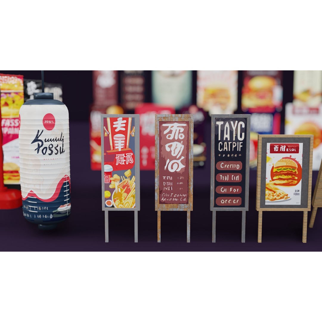 Japanese Restaurant Signs and Posters 3D Model – Low-Poly PBR Textures, Blender - View 5