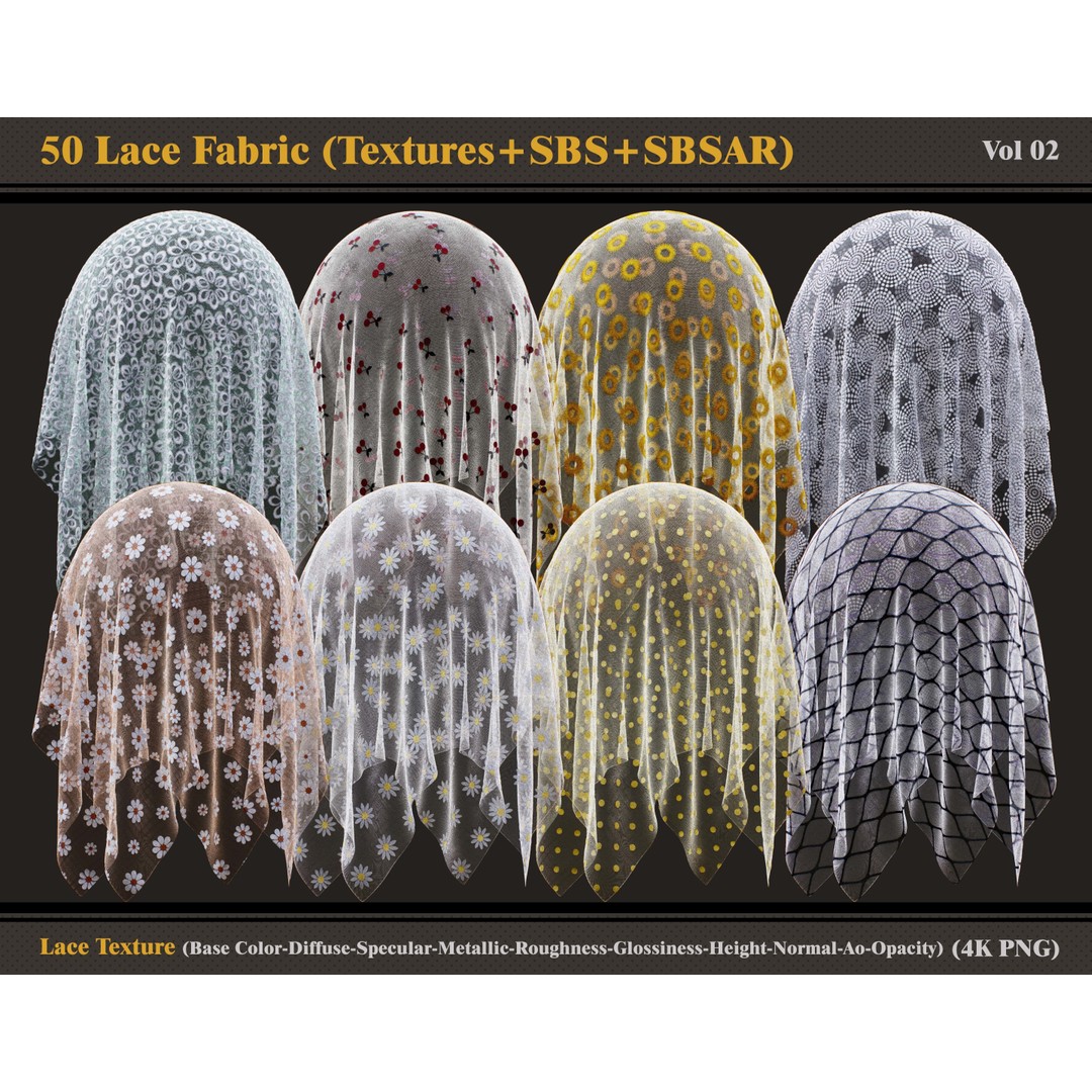 Lace Fabric Materials 3D Model – 50 Textures and SBSAR Files