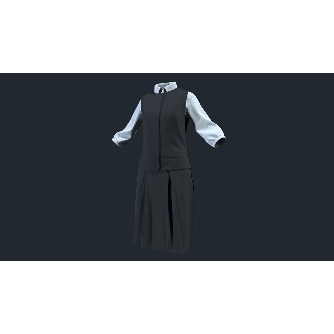 Japanese Office Uniform 3D Model – Low Poly Female Outfit, FBX - View 3