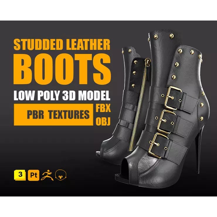 Studded Leather Boot 3D Model – Low Poly PBR Textures, FBX/OBJ - View 2