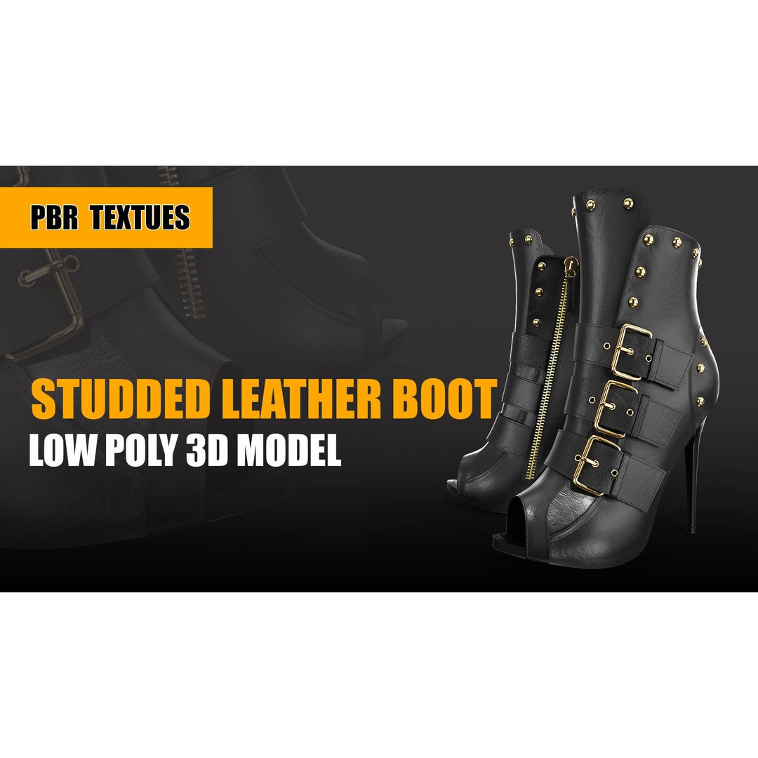 Studded Leather Boot 3D Model – Low Poly PBR Textures, FBX/OBJ - View 3