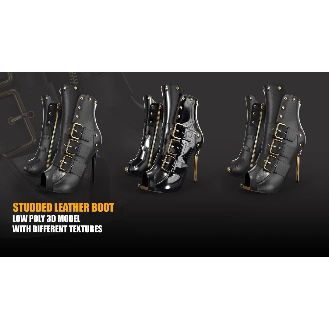Studded Leather Boot 3D Model – Low Poly PBR Textures, FBX/OBJ - View 5