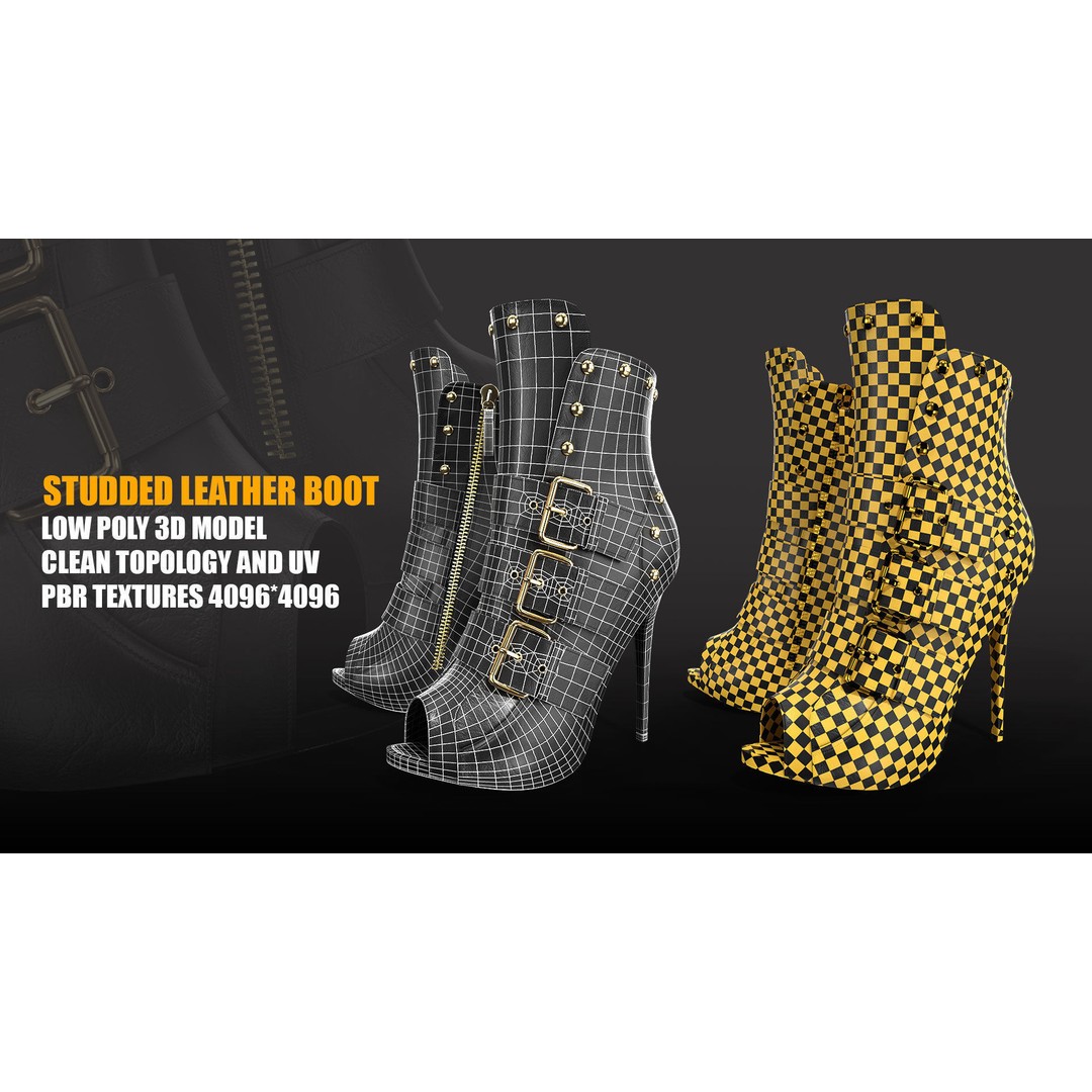 Studded Leather Boot 3D Model – Low Poly PBR Textures, FBX/OBJ - View 6