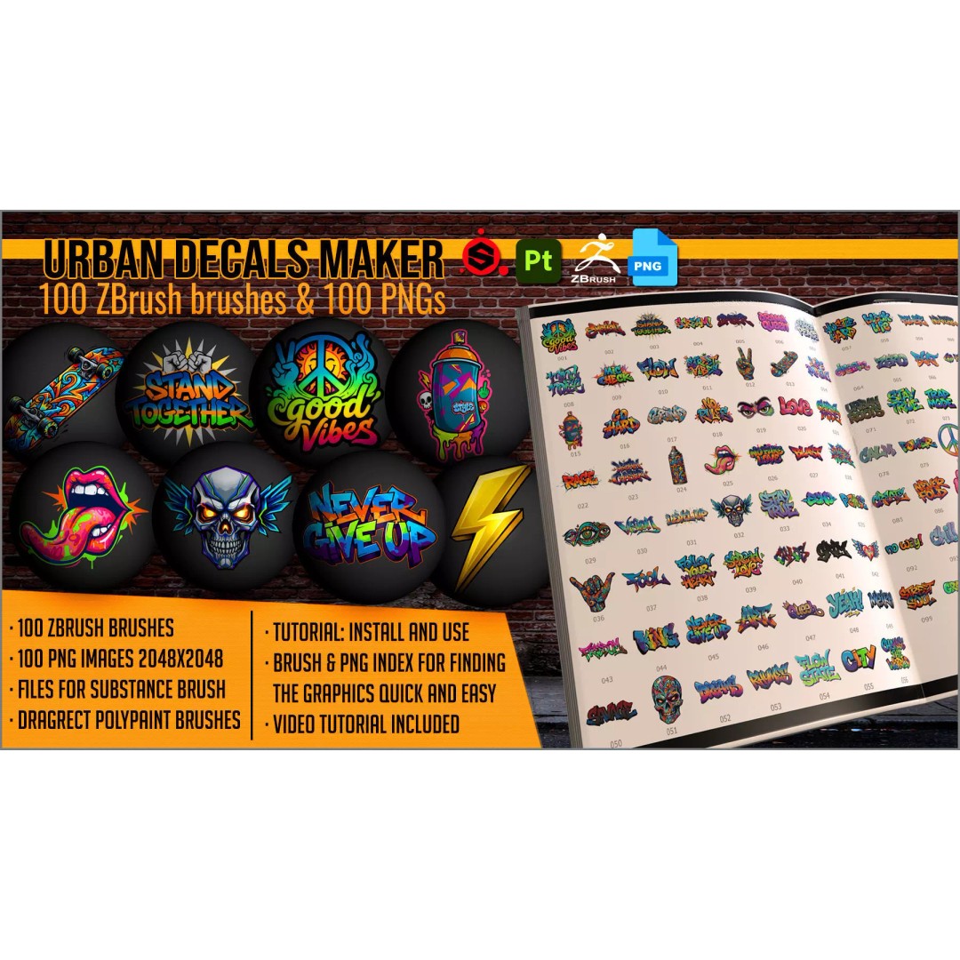 Urban Decals Maker 3D Model – 100 PNG Decals for ZBrush & Substance Painter - View 2