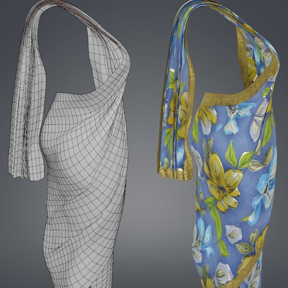 Indian Saree 3D Model – Low Poly Game Asset, FBX, PBR Textures - View 8