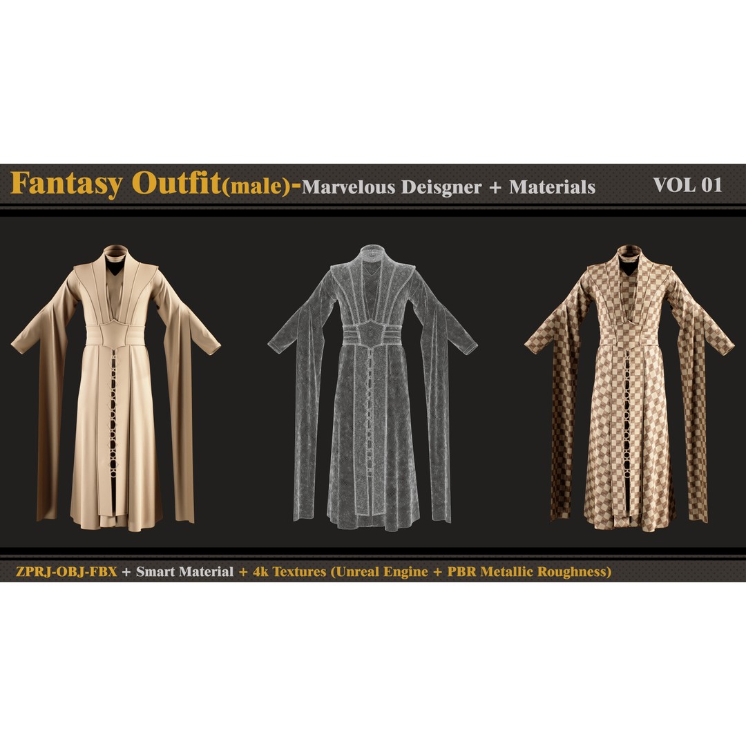 Fantasy Outfit 3D Model – Medieval Costume with Smart Materials, FBX, OBJ